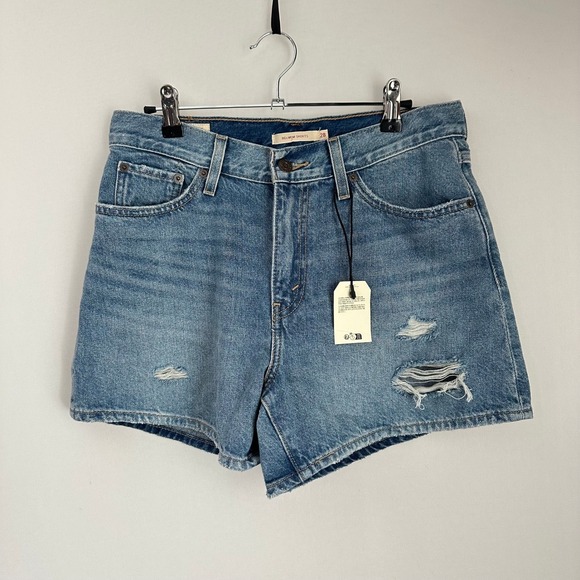 NWT Levi's 80s Mom Shorts Denim Blue Distressed High Waist Women's Size 28 - Picture 1 of 11